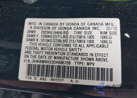 2013 Honda Cr-V Lx из США, поврежденный, VIN 2HKRM4H35DH686708